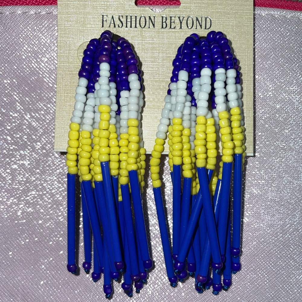 Fashion Beyond Beaded Tassel Earrings Yellow White & Blue